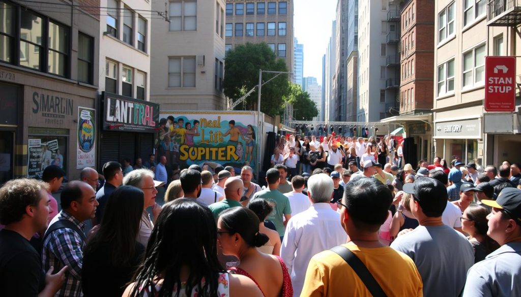 A bustling street in the Tenderloin neighborhood, sunlight filtering through towering buildings. In the foreground, a group of diverse community members engaged in lively discussions, gesturing animatedly. Middle ground captures a mural adorning a wall, depicting vibrant cultural imagery. In the background, people of all ages gather around a small stage, attention captivated by an energetic performance. The scene exudes a sense of togetherness, trust, and shared purpose, with a warm, welcoming atmosphere. A bustling street in the Tenderloin neighborhood, sunlight filtering through towering buildings. In the foreground, a group of diverse community members engaged in lively discussions, gesturing animatedly. Middle ground captures a mural adorning a wall, depicting vibrant cultural imagery. In the background, people of all ages gather around a small stage, attention captivated by an energetic performance. The scene exudes a sense of togetherness, trust, and shared purpose, with a warm, welcoming atmosphere.