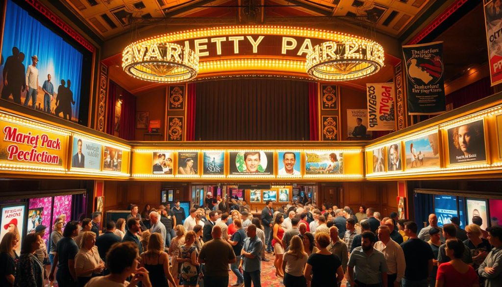 A bustling theater foyer, adorned with vibrant stage backdrops and marquee lights. In the foreground, a diverse ensemble of performers takes the stage, each embodying a unique character or artistic discipline. The middle ground showcases a variety of theatrical posters, each hinting at the diverse range of productions on offer. The background is a kaleidoscope of movement, with stagehands, directors, and audience members mingling amidst the excitement of a thriving theater community. Warm, golden lighting casts a sense of energy and anticipation, capturing the essence of "Variety Pack Theater Productions" - a melting pot of creativity, innovation, and artistic exploration. A bustling theater foyer, adorned with vibrant stage backdrops and marquee lights. In the foreground, a diverse ensemble of performers takes the stage, each embodying a unique character or artistic discipline. The middle ground showcases a variety of theatrical posters, each hinting at the diverse range of productions on offer. The background is a kaleidoscope of movement, with stagehands, directors, and audience members mingling amidst the excitement of a thriving theater community. Warm, golden lighting casts a sense of energy and anticipation, capturing the essence of "Variety Pack Theater Productions" - a melting pot of creativity, innovation, and artistic exploration.