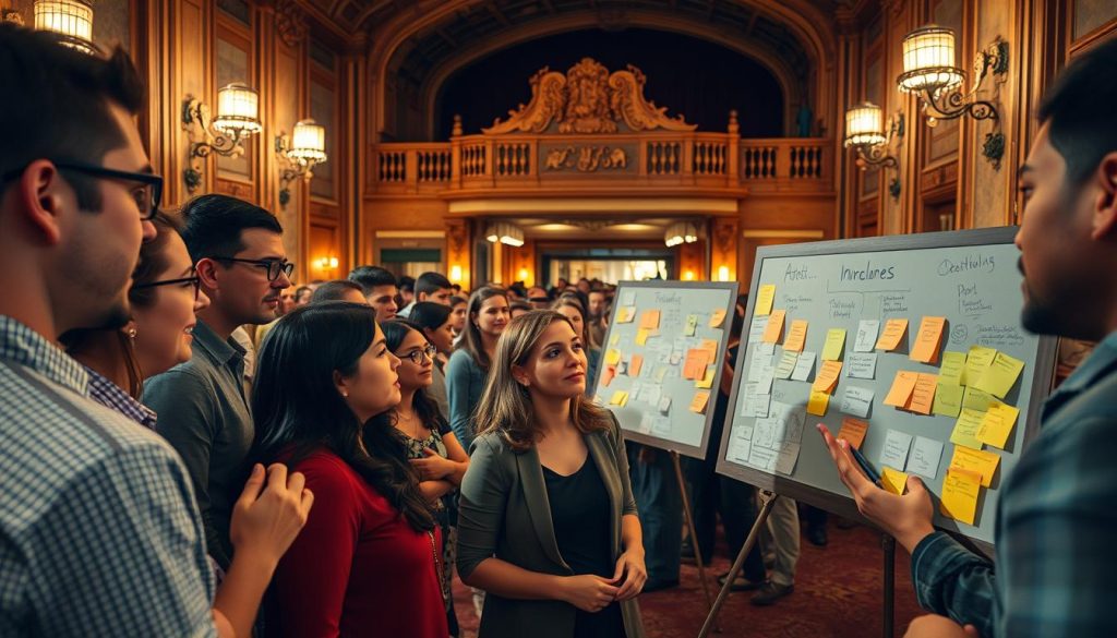 A bustling theater lobby filled with engaged patrons, their faces alight with enthusiasm as they share feedback and ideas. In the foreground, a group of theater staff members listen intently, their expressions a mix of thoughtfulness and determination. The middle ground showcases an interactive display board, covered in colorful post-it notes and sketches, capturing the creative energy of the audience. In the background, a sweeping view of the ornate theater facade, hinting at the institution's rich history and openness to change. Soft, warm lighting casts a inviting glow, capturing the collaborative spirit of the scene. A wide-angle lens provides a sense of depth and inclusion, inviting the viewer to imagine themselves as part of this dynamic exchange of ideas. A bustling theater lobby filled with engaged patrons, their faces alight with enthusiasm as they share feedback and ideas. In the foreground, a group of theater staff members listen intently, their expressions a mix of thoughtfulness and determination. The middle ground showcases an interactive display board, covered in colorful post-it notes and sketches, capturing the creative energy of the audience. In the background, a sweeping view of the ornate theater facade, hinting at the institution's rich history and openness to change. Soft, warm lighting casts a inviting glow, capturing the collaborative spirit of the scene. A wide-angle lens provides a sense of depth and inclusion, inviting the viewer to imagine themselves as part of this dynamic exchange of ideas.