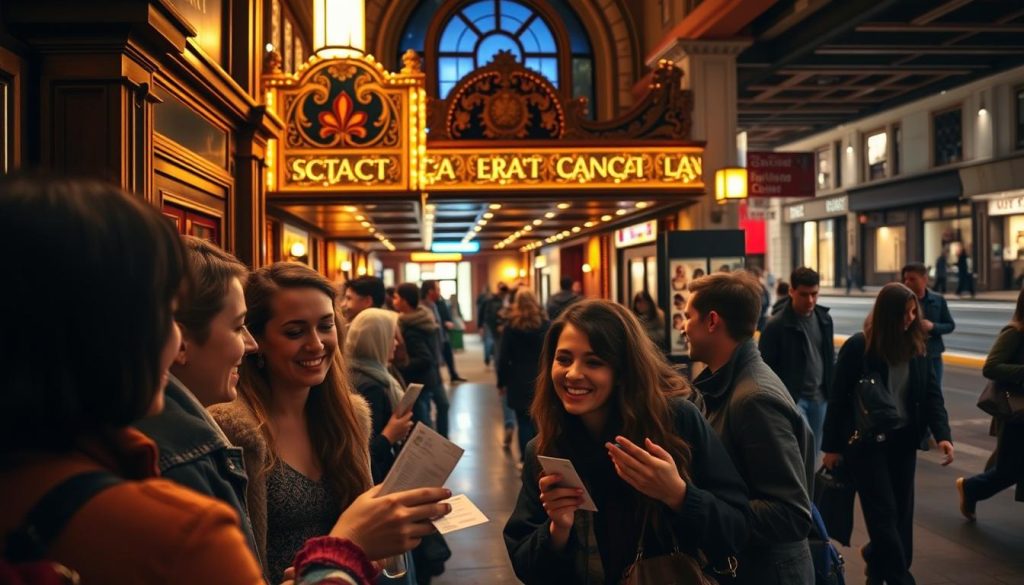 A bustling theater lobby, filled with people excitedly chatting and exchanging tickets. In the foreground, a group of friends eagerly purchasing tickets, their expressions conveying a sense of anticipation and community investment. The middle ground showcases the theater's ornate facade, bathed in warm, inviting lighting that creates a cozy, welcoming atmosphere. In the background, passersby stroll along the sidewalk, their silhouettes suggesting a vibrant, thriving neighborhood. The overall scene conveys the idea that by purchasing tickets, individuals are not just supporting the arts, but also investing in the collective experience and vitality of their local community. A bustling theater lobby, filled with people excitedly chatting and exchanging tickets. In the foreground, a group of friends eagerly purchasing tickets, their expressions conveying a sense of anticipation and community investment. The middle ground showcases the theater's ornate facade, bathed in warm, inviting lighting that creates a cozy, welcoming atmosphere. In the background, passersby stroll along the sidewalk, their silhouettes suggesting a vibrant, thriving neighborhood. The overall scene conveys the idea that by purchasing tickets, individuals are not just supporting the arts, but also investing in the collective experience and vitality of their local community.