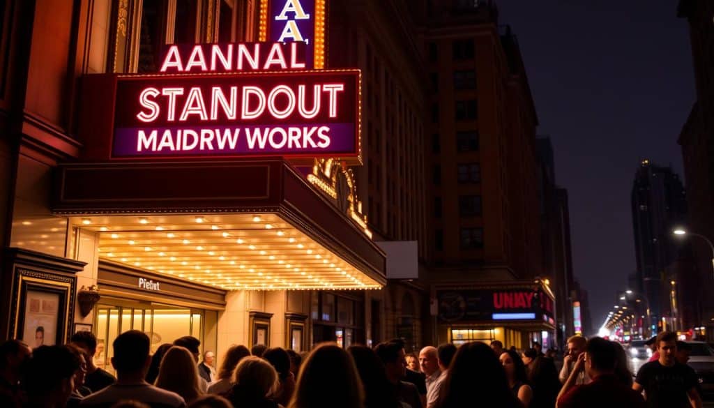 A bustling theater marquee illuminates the scene, showcasing the "Annual Standout: Major New Works" in bold neon lights. In the foreground, a diverse crowd gathers, their expressions filled with anticipation as they file into the grand entrance, their silhouettes backlit by the warm glow of the lobby. The middle ground features a wide shot of the theater's exterior, its classical architecture and lively activity creating a sense of energy and cultural vibrancy. The background is a hazy cityscape, with skyscrapers and streetlights hinting at the urban setting that serves as the backdrop for this vibrant theatrical event. The overall mood is one of excitement, curiosity, and a celebration of the transformative power of live performance.