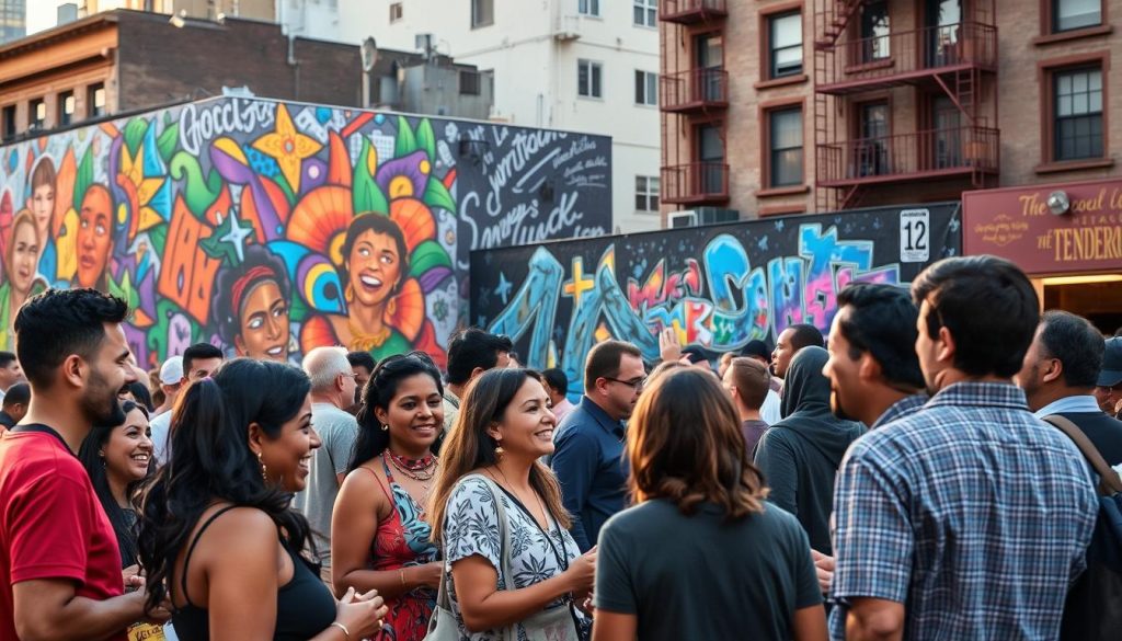 A bustling urban scene in the Tenderloin district, with a vibrant collaboration of local artists showcasing their work. In the foreground, a group of diverse individuals engage in lively discussions, their expressions animated as they share stories and ideas. The middle ground features a mural adorning the side of a building, a kaleidoscope of colors and shapes that celebrate the neighborhood's rich cultural tapestry. In the background, the iconic architecture of the Tenderloin serves as a backdrop, evoking a sense of gritty authenticity. The lighting is warm and inviting, casting a soft glow that highlights the collaborative spirit and community connection at the heart of this artistic endeavor. A bustling urban scene in the Tenderloin district, with a vibrant collaboration of local artists showcasing their work. In the foreground, a group of diverse individuals engage in lively discussions, their expressions animated as they share stories and ideas. The middle ground features a mural adorning the side of a building, a kaleidoscope of colors and shapes that celebrate the neighborhood's rich cultural tapestry. In the background, the iconic architecture of the Tenderloin serves as a backdrop, evoking a sense of gritty authenticity. The lighting is warm and inviting, casting a soft glow that highlights the collaborative spirit and community connection at the heart of this artistic endeavor.