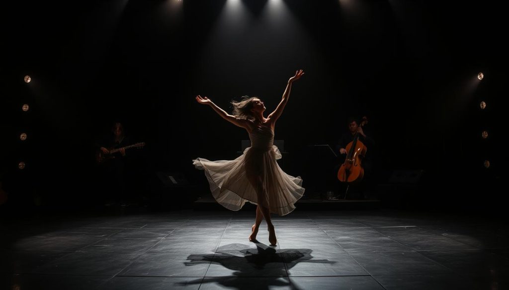 A captivating multidisciplinary performance showcase unfolds on a dimly lit stage. In the foreground, a mesmerizing dancer moves with graceful fluidity, their limbs cutting through the air with precision. Upstage, a quartet of musicians blend classical instruments with electronic soundscapes, creating a tapestry of haunting melodies. The background is shrouded in moody lighting, casting dramatic shadows that accentuate the performers' movements. The atmosphere is one of avant-garde exploration, where diverse talents converge to push the boundaries of artistic expression. A sense of intrigue and wonder permeates the scene, inviting the viewer to immerse themselves in this evocative display of new creative voices. A captivating multidisciplinary performance showcase unfolds on a dimly lit stage. In the foreground, a mesmerizing dancer moves with graceful fluidity, their limbs cutting through the air with precision. Upstage, a quartet of musicians blend classical instruments with electronic soundscapes, creating a tapestry of haunting melodies. The background is shrouded in moody lighting, casting dramatic shadows that accentuate the performers' movements. The atmosphere is one of avant-garde exploration, where diverse talents converge to push the boundaries of artistic expression. A sense of intrigue and wonder permeates the scene, inviting the viewer to immerse themselves in this evocative display of new creative voices.