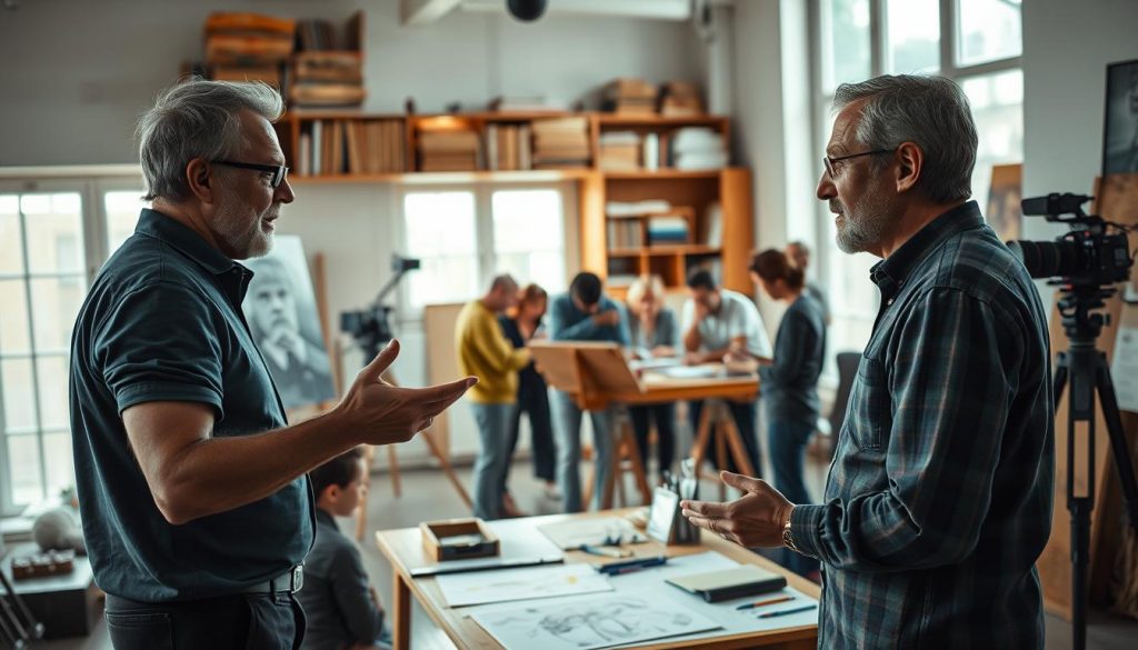 A captivating scene of creative interviews, showcasing a well-lit studio setting. In the foreground, two directors engage in a lively discussion, gesturing animatedly as they share their artistic visions. Behind them, a group of artists huddle around a table, sketching and painting, their faces illuminated by a soft, natural light filtering through large windows. The background features a mix of modern and vintage elements, including a bookshelf filled with reference materials and a camera setup, hinting at the collaborative and introspective nature of the creative process. The overall atmosphere is one of inspiration, exploration, and the exchange of ideas. A captivating scene of creative interviews, showcasing a well-lit studio setting. In the foreground, two directors engage in a lively discussion, gesturing animatedly as they share their artistic visions. Behind them, a group of artists huddle around a table, sketching and painting, their faces illuminated by a soft, natural light filtering through large windows. The background features a mix of modern and vintage elements, including a bookshelf filled with reference materials and a camera setup, hinting at the collaborative and introspective nature of the creative process. The overall atmosphere is one of inspiration, exploration, and the exchange of ideas.