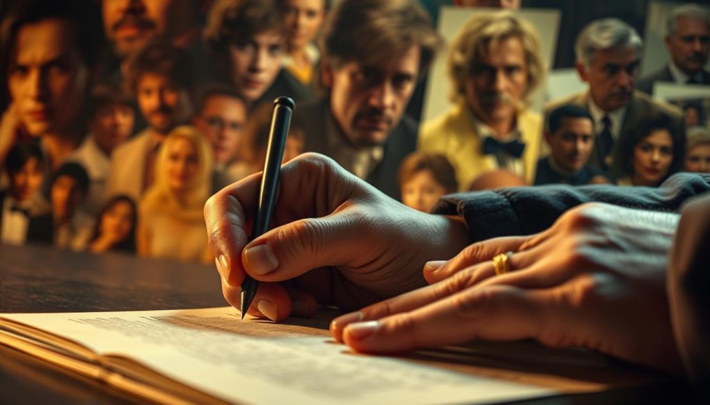 A cinematic close-up of an actor's hand meticulously signing their name on a well-worn script, the pages faintly illuminated by warm studio lighting. In the background, a collage of iconic character portraits from their defining roles - a haunting gaze, a triumphant gesture, a pensive expression - all blending together to create a visual tapestry of their storied career. The scene radiates an atmosphere of hard-earned gravitas, a testament to the dedication and vulnerability that have shaped this performer's indelible mark on the silver screen. A cinematic close-up of an actor's hand meticulously signing their name on a well-worn script, the pages faintly illuminated by warm studio lighting. In the background, a collage of iconic character portraits from their defining roles - a haunting gaze, a triumphant gesture, a pensive expression - all blending together to create a visual tapestry of their storied career. The scene radiates an atmosphere of hard-earned gravitas, a testament to the dedication and vulnerability that have shaped this performer's indelible mark on the silver screen.