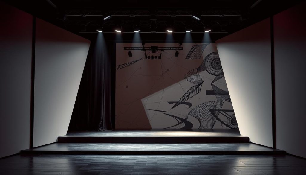 A contemporary stage design for a modernized classic play, featuring a sleek, angular set with sharp geometric lines and bold colors. In the foreground, a minimalist interpretation of a traditional theater proscenium arch frames the scene, bathed in dramatic lighting that casts deep shadows. The middle ground showcases a mix of classic and cutting-edge elements, such as a reimagined curtain system and avant-garde lighting fixtures. In the background, an abstract backdrop with dynamic patterns and textures creates a striking visual contrast, evoking a sense of timelessness and innovation. The overall atmosphere is one of bold experimentation, blending the old and the new to redefine the boundaries of theatrical design. A contemporary stage design for a modernized classic play, featuring a sleek, angular set with sharp geometric lines and bold colors. In the foreground, a minimalist interpretation of a traditional theater proscenium arch frames the scene, bathed in dramatic lighting that casts deep shadows. The middle ground showcases a mix of classic and cutting-edge elements, such as a reimagined curtain system and avant-garde lighting fixtures. In the background, an abstract backdrop with dynamic patterns and textures creates a striking visual contrast, evoking a sense of timelessness and innovation. The overall atmosphere is one of bold experimentation, blending the old and the new to redefine the boundaries of theatrical design.