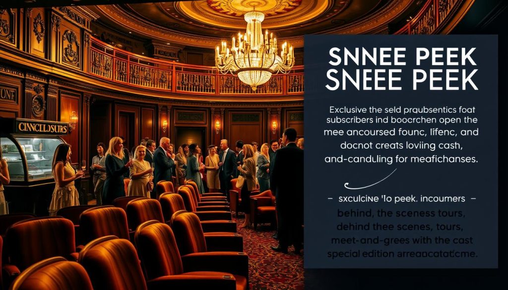 A cozy theater lobby with plush velvet seats and a gleaming concession stand. Patrons in elegant attire mingle, sipping champagne and chatting excitedly. Overhead, a grand chandelier casts a warm, golden glow, illuminating the ornate architectural details. In the corner, a display showcases exclusive "Sneak Peek" benefits for loyal subscribers, including behind-the-scenes tours, meet-and-greets with the cast, and special edition merchandise. The atmosphere is one of anticipation and exclusivity, inviting the viewer to imagine the thrilling performance to come. A cozy theater lobby with plush velvet seats and a gleaming concession stand. Patrons in elegant attire mingle, sipping champagne and chatting excitedly. Overhead, a grand chandelier casts a warm, golden glow, illuminating the ornate architectural details. In the corner, a display showcases exclusive "Sneak Peek" benefits for loyal subscribers, including behind-the-scenes tours, meet-and-greets with the cast, and special edition merchandise. The atmosphere is one of anticipation and exclusivity, inviting the viewer to imagine the thrilling performance to come.