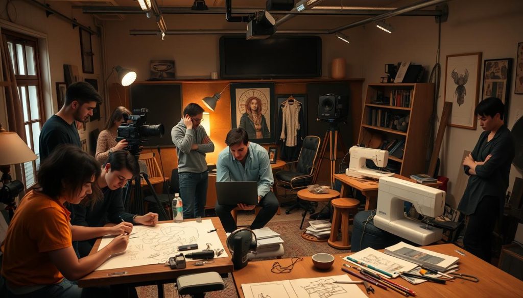 A cozy, well-lit studio space, filled with a team of passionate collaborators working together on a dynamic project. In the foreground, a group of artists gathered around a drafting table, sketching ideas and exchanging creative insights. Mid-ground, a director reviews footage on a laptop, surrounded by a cinematographer, sound engineer, and stage manager, all contributing their expertise. In the background, a seamstress fine-tunes a costume, while a prop master meticulously arranges a collection of intriguing set pieces. The atmosphere is one of focused energy, with warm lighting casting a glow over the hardworking ensemble, their faces animated as they bring their shared vision to life. A cozy, well-lit studio space, filled with a team of passionate collaborators working together on a dynamic project. In the foreground, a group of artists gathered around a drafting table, sketching ideas and exchanging creative insights. Mid-ground, a director reviews footage on a laptop, surrounded by a cinematographer, sound engineer, and stage manager, all contributing their expertise. In the background, a seamstress fine-tunes a costume, while a prop master meticulously arranges a collection of intriguing set pieces. The atmosphere is one of focused energy, with warm lighting casting a glow over the hardworking ensemble, their faces animated as they bring their shared vision to life.