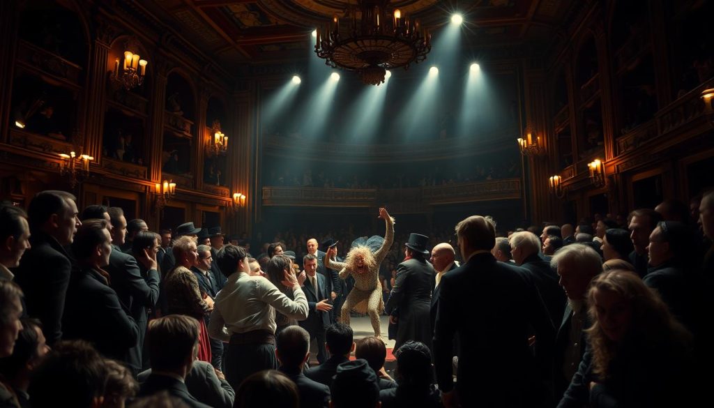 A dimly lit 19th century Parisian theater, the stage illuminated by the warm glow of gas lamps. In the chaotic foreground, a group of aristocratic audience members engage in a heated altercation, their faces twisted in expressions of outrage. The middle ground features the performers, their bizarre, grotesque costumes and exaggerated movements reflecting the revolutionary spirit of the play "Ubu Roi" unfolding before the scandalized crowd. In the distant background, the ornate theater interior is shrouded in shadows, hinting at the political and artistic turbulence of the era. The scene is captured with a vintage photographic lens, lending a sense of historical authenticity to the dramatic tableau. A dimly lit 19th century Parisian theater, the stage illuminated by the warm glow of gas lamps. In the chaotic foreground, a group of aristocratic audience members engage in a heated altercation, their faces twisted in expressions of outrage. The middle ground features the performers, their bizarre, grotesque costumes and exaggerated movements reflecting the revolutionary spirit of the play "Ubu Roi" unfolding before the scandalized crowd. In the distant background, the ornate theater interior is shrouded in shadows, hinting at the political and artistic turbulence of the era. The scene is captured with a vintage photographic lens, lending a sense of historical authenticity to the dramatic tableau.