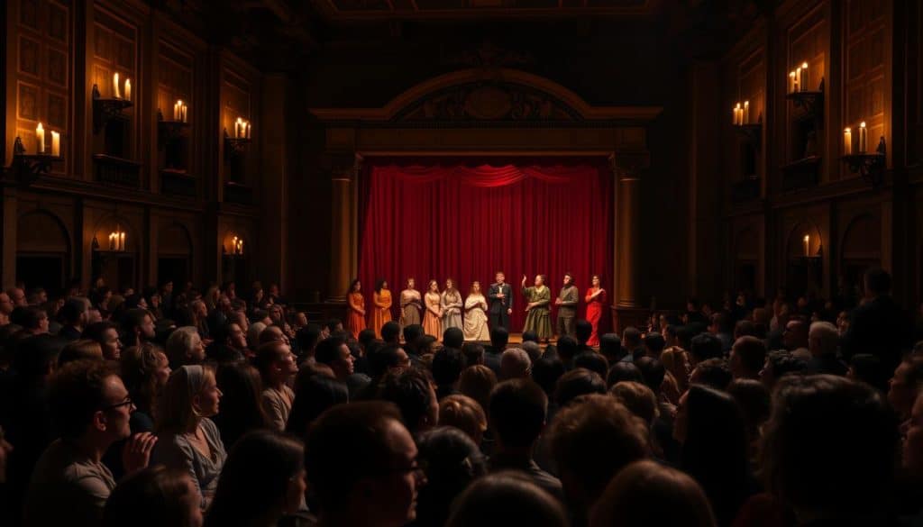 A dimly lit Renaissance theater, the stage bathed in warm candlelight. In the center, a troupe of actors captivates the audience, their passionate gestures and emotive expressions enrapturing the spectators. In the foreground, a sea of riveted faces, eyes widened, mouths agape, as the drama unfolds before them. Elegant gowns and doublets dot the middle ground, the audience leaning forward, utterly engrossed. In the background, a grand, ornate proscenium arch frames the scene, casting an air of grandeur and spectacle. The atmosphere is one of rapt attention, the audience's collective energy palpable, a shared experience of shock and engagement.