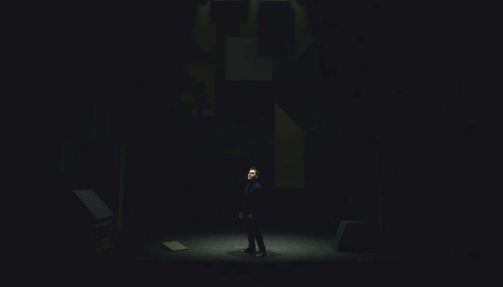 A dimly lit, abstract stage set, with surreal elements that evoke the absurd and the psychological. In the foreground, a lone figure stands, their expression a mask of detached contemplation, hinting at the complexities of the modern mind. The middle ground features geometric shapes, disjointed lines, and distorted perspectives, creating a sense of disorientation and unease. The background is shrouded in shadows, with subtle hints of dreamlike landscapes, suggesting the subconscious realms of the human psyche. The lighting is dramatic, casting deep shadows and highlighting the tension between the tangible and the intangible. Overall, the image conveys a sense of fragmentation, introspection, and the elusive nature of human understanding.