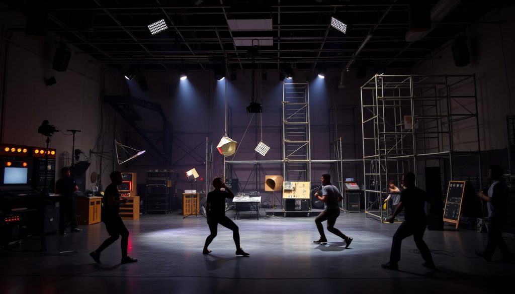 A dimly lit, avant-garde performance laboratory with an eclectic array of experimental stage setups. In the foreground, performers engage in abstract, movement-driven choreography under a grid of adjustable spotlights. The middle ground features an assortment of unconventional props and devices, including hanging geometric structures, blinking control panels, and a collection of antique microphones. In the background, a maze-like arrangement of scaffolding and suspended walkways creates an immersive, multidimensional environment. The overall atmosphere is one of discovery, risk-taking, and unrestrained creativity, evoking the spirit of groundbreaking theatrical innovation. A dimly lit, avant-garde performance laboratory with an eclectic array of experimental stage setups. In the foreground, performers engage in abstract, movement-driven choreography under a grid of adjustable spotlights. The middle ground features an assortment of unconventional props and devices, including hanging geometric structures, blinking control panels, and a collection of antique microphones. In the background, a maze-like arrangement of scaffolding and suspended walkways creates an immersive, multidimensional environment. The overall atmosphere is one of discovery, risk-taking, and unrestrained creativity, evoking the spirit of groundbreaking theatrical innovation.