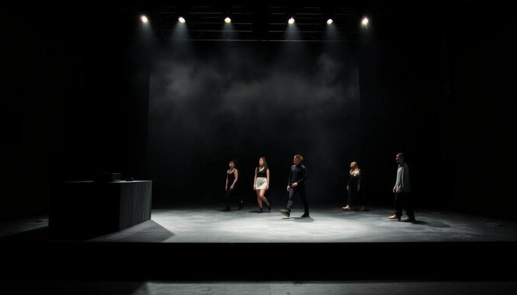 A dimly lit, avant-garde theater stage with a striking, abstract set design. The foreground features a large, geometric sculptural element that dominates the space, casting dramatic shadows. In the middle ground, a group of performers move with calculated, experimental movements, their costumes and expressions conveying a sense of risk and exploration. The background is shrouded in hazy, atmospheric lighting, giving the scene an air of mystery and tension. The overall mood is one of innovative, boundary-pushing artistic expression, capturing the essence of a "Risk Is This" experimental theater production. A dimly lit, avant-garde theater stage with a striking, abstract set design. The foreground features a large, geometric sculptural element that dominates the space, casting dramatic shadows. In the middle ground, a group of performers move with calculated, experimental movements, their costumes and expressions conveying a sense of risk and exploration. The background is shrouded in hazy, atmospheric lighting, giving the scene an air of mystery and tension. The overall mood is one of innovative, boundary-pushing artistic expression, capturing the essence of a "Risk Is This" experimental theater production.