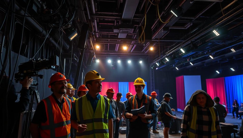 A dimly lit backstage area, bustling with activity. Technicians in hard hats and safety vests work diligently, their faces illuminated by the soft glow of stage lights. Intricate machinery, cables, and rigging systems create a complex web, conveying the meticulous effort behind the scenes. A director, clipboard in hand, oversees the process, their expression a mix of concentration and anticipation. Colorful backdrops and props are carefully arranged, hinting at the spectacle to come. The atmosphere is one of focused intensity, as the team collaborates to bring the vision to life, showcasing the innovative and essential work that powers the magic of the theater. A dimly lit backstage area, bustling with activity. Technicians in hard hats and safety vests work diligently, their faces illuminated by the soft glow of stage lights. Intricate machinery, cables, and rigging systems create a complex web, conveying the meticulous effort behind the scenes. A director, clipboard in hand, oversees the process, their expression a mix of concentration and anticipation. Colorful backdrops and props are carefully arranged, hinting at the spectacle to come. The atmosphere is one of focused intensity, as the team collaborates to bring the vision to life, showcasing the innovative and essential work that powers the magic of the theater.