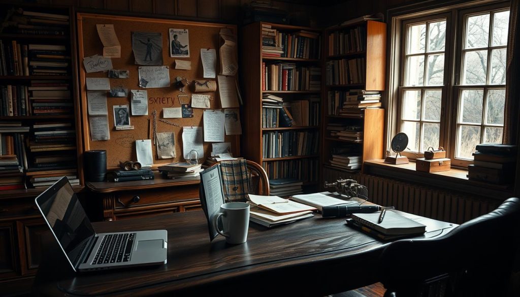 A dimly lit, cozy study filled with the tools of a contemporary playwright's craft. In the foreground, an antique wooden desk holds a laptop, notebooks, and a cup of coffee, suggesting deep contemplation. The middle ground reveals a corkboard covered in scribbled notes, sketches, and inspirational clippings, hinting at the creative process. In the background, bookshelves brimming with volumes on dramatic theory and literature cast a warm glow, evoking an atmosphere of intellectual inquiry. Soft, natural lighting filters through a nearby window, casting a pensive mood over the entire scene. The overall composition conveys the intricate, experimental nature of the modern playwright's workflow. A dimly lit, cozy study filled with the tools of a contemporary playwright's craft. In the foreground, an antique wooden desk holds a laptop, notebooks, and a cup of coffee, suggesting deep contemplation. The middle ground reveals a corkboard covered in scribbled notes, sketches, and inspirational clippings, hinting at the creative process. In the background, bookshelves brimming with volumes on dramatic theory and literature cast a warm glow, evoking an atmosphere of intellectual inquiry. Soft, natural lighting filters through a nearby window, casting a pensive mood over the entire scene. The overall composition conveys the intricate, experimental nature of the modern playwright's workflow.