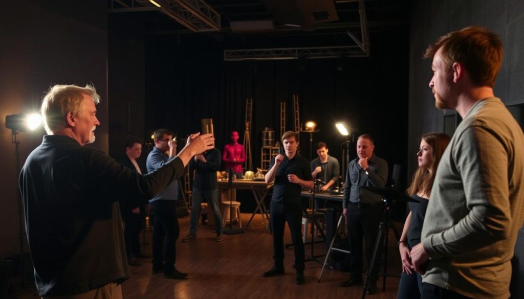 A dimly lit experimental theater space, with actors and crew members engaged in creative processes. In the foreground, a director gestures expressively, guiding the performers through a scene, their faces illuminated by warm, dramatic lighting. In the middle ground, a team of technicians adjusts the lighting and sound, their expressions focused and intent. In the background, a stage filled with unconventional props and set pieces, hinting at the avant-garde nature of the production. The atmosphere is one of creative energy and collaboration, capturing the essence of the growing careers within the Cutting Ball Theater ensemble. A dimly lit experimental theater space, with actors and crew members engaged in creative processes. In the foreground, a director gestures expressively, guiding the performers through a scene, their faces illuminated by warm, dramatic lighting. In the middle ground, a team of technicians adjusts the lighting and sound, their expressions focused and intent. In the background, a stage filled with unconventional props and set pieces, hinting at the avant-garde nature of the production. The atmosphere is one of creative energy and collaboration, capturing the essence of the growing careers within the Cutting Ball Theater ensemble.
