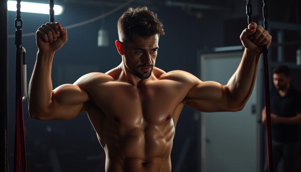 A dimly lit gym, the air thick with the scent of sweat and determination. In the center, an actor stands, muscles straining as they push their body to its limits. Beads of perspiration glisten on their brow, their face etched with focus and unwavering resolve. Around them, a network of resistance bands and weighted equipment, the tools of their trade. The lighting casts dramatic shadows, accentuating the intensity of their workout. In the background, a hazy silhouette of a director observes, their gaze fixed on the actor's every move, assessing and guiding their journey towards physical and emotional endurance. A dimly lit gym, the air thick with the scent of sweat and determination. In the center, an actor stands, muscles straining as they push their body to its limits. Beads of perspiration glisten on their brow, their face etched with focus and unwavering resolve. Around them, a network of resistance bands and weighted equipment, the tools of their trade. The lighting casts dramatic shadows, accentuating the intensity of their workout. In the background, a hazy silhouette of a director observes, their gaze fixed on the actor's every move, assessing and guiding their journey towards physical and emotional endurance.