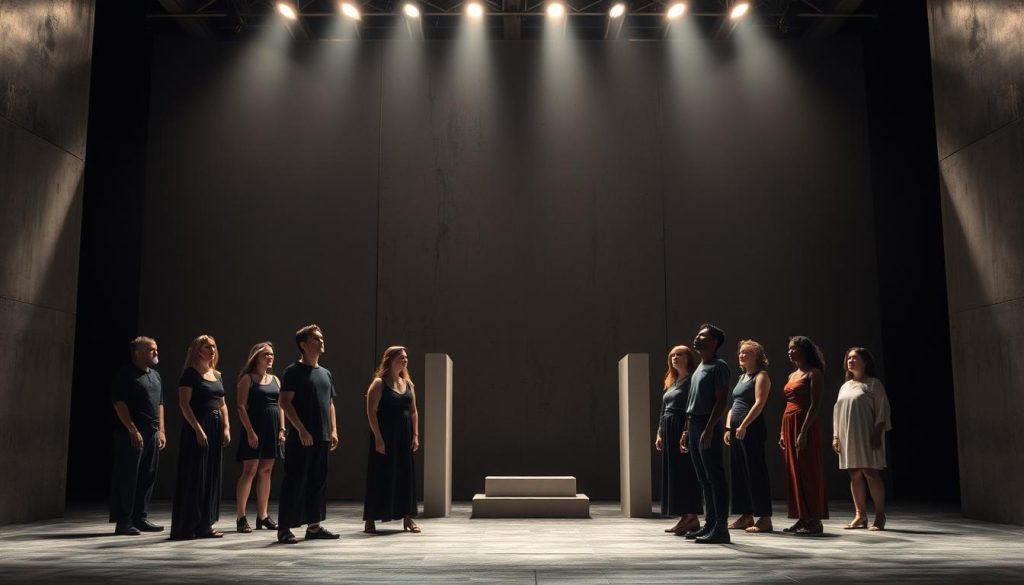 A dimly lit modern theater stage, with minimalist set pieces and dramatic lighting. In the foreground, a group of actors in contemporary costumes stand in thoughtful poses, embodying the timeless characters of classical Greek tragedy. The middle ground features sleek, angular set pieces that evoke the stark, stylized world of the play. In the background, a towering backdrop of weathered concrete and industrial elements creates a gritty, urban ambiance, contrasting with the classical themes. Soft, dramatic shadows and highlights sculpt the actors' faces, conveying the weighty emotional intensity of the reimagined performance. A sense of tension and anticipation permeates the scene, inviting the viewer to step into the world of this modern classical adaptation. A dimly lit modern theater stage, with minimalist set pieces and dramatic lighting. In the foreground, a group of actors in contemporary costumes stand in thoughtful poses, embodying the timeless characters of classical Greek tragedy. The middle ground features sleek, angular set pieces that evoke the stark, stylized world of the play. In the background, a towering backdrop of weathered concrete and industrial elements creates a gritty, urban ambiance, contrasting with the classical themes. Soft, dramatic shadows and highlights sculpt the actors' faces, conveying the weighty emotional intensity of the reimagined performance. A sense of tension and anticipation permeates the scene, inviting the viewer to step into the world of this modern classical adaptation.