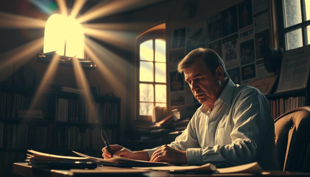 A dimly lit room, the walls lined with bookshelves and newspapers clippings. A lone figure, a critic, sits at a desk, deep in thought, a quill in hand. Beams of warm light filter through the windows, casting a soft glow on the scene. In the background, a collage of theater posters, movie stills, and concert tickets, a testament to the critic's diverse domain. The atmosphere is one of contemplation and the weight of cultural influence. The critic's brow is furrowed, their expression intense, as they ponder their next words - words that could make or break an artist's career. This is the power of the critic, the gatekeeper of culture, whose reviews shape public perception and drive the trajectory of the arts. A dimly lit room, the walls lined with bookshelves and newspapers clippings. A lone figure, a critic, sits at a desk, deep in thought, a quill in hand. Beams of warm light filter through the windows, casting a soft glow on the scene. In the background, a collage of theater posters, movie stills, and concert tickets, a testament to the critic's diverse domain. The atmosphere is one of contemplation and the weight of cultural influence. The critic's brow is furrowed, their expression intense, as they ponder their next words - words that could make or break an artist's career. This is the power of the critic, the gatekeeper of culture, whose reviews shape public perception and drive the trajectory of the arts.