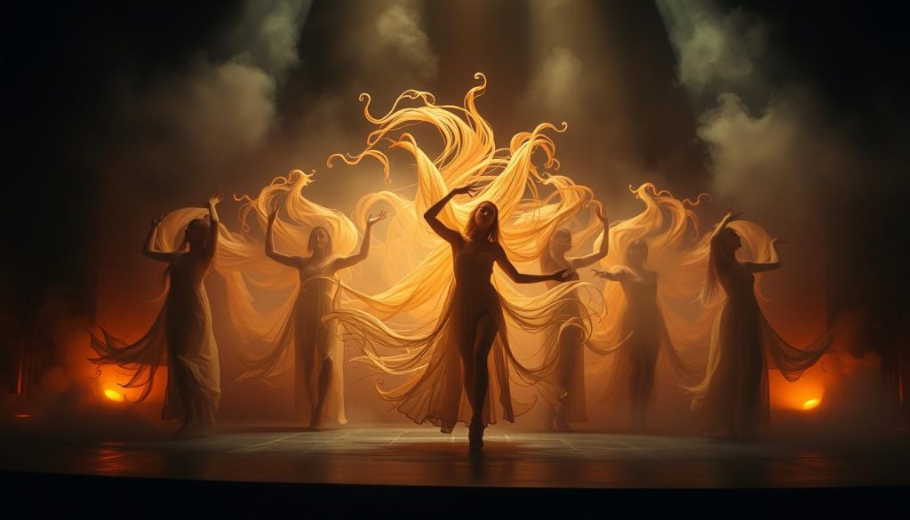 A dimly lit stage, cast in a warm, ethereal glow. Ethereal figures, wreathed in swirling, metaphysical energy, move with graceful, otherworldly motions, their forms blending and intertwining, creating a mesmerizing visual symphony. The background is shrouded in a hazy, dreamlike mist, lending an air of mystery and transcendence. The camera angle is slightly elevated, capturing the performers from an almost divine perspective, emphasizing the sense of the spiritual and the philosophical. The overall atmosphere is one of profound contemplation, inviting the viewer to ponder the nature of existence and the human condition. A dimly lit stage, cast in a warm, ethereal glow. Ethereal figures, wreathed in swirling, metaphysical energy, move with graceful, otherworldly motions, their forms blending and intertwining, creating a mesmerizing visual symphony. The background is shrouded in a hazy, dreamlike mist, lending an air of mystery and transcendence. The camera angle is slightly elevated, capturing the performers from an almost divine perspective, emphasizing the sense of the spiritual and the philosophical. The overall atmosphere is one of profound contemplation, inviting the viewer to ponder the nature of existence and the human condition.