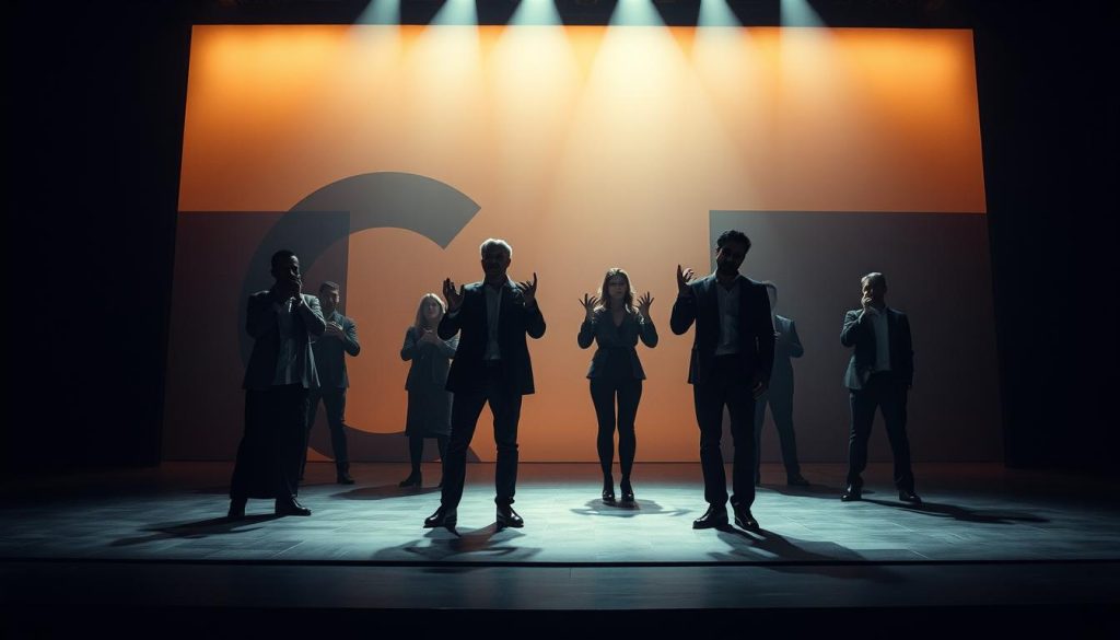 A dimly lit stage illuminates a fusion of ancient and modern elements. In the foreground, actors in sleek, contemporary attire perform gestures that evoke the timeless drama of classical tragedies. Behind them, a backdrop of abstract, minimalist shapes and shadows suggests the timeless, yet ever-evolving nature of these timeless tales. The lighting casts a warm, contemplative glow, evoking the intersection of tradition and innovation, as the audience is drawn into a captivating reinterpretation of the classical canon. A wideangle lens captures the depth and dynamism of this modern classical drama adaptation, inviting the viewer to explore the nuances of this rich, multilayered performance. A dimly lit stage illuminates a fusion of ancient and modern elements. In the foreground, actors in sleek, contemporary attire perform gestures that evoke the timeless drama of classical tragedies. Behind them, a backdrop of abstract, minimalist shapes and shadows suggests the timeless, yet ever-evolving nature of these timeless tales. The lighting casts a warm, contemplative glow, evoking the intersection of tradition and innovation, as the audience is drawn into a captivating reinterpretation of the classical canon. A wideangle lens captures the depth and dynamism of this modern classical drama adaptation, inviting the viewer to explore the nuances of this rich, multilayered performance.