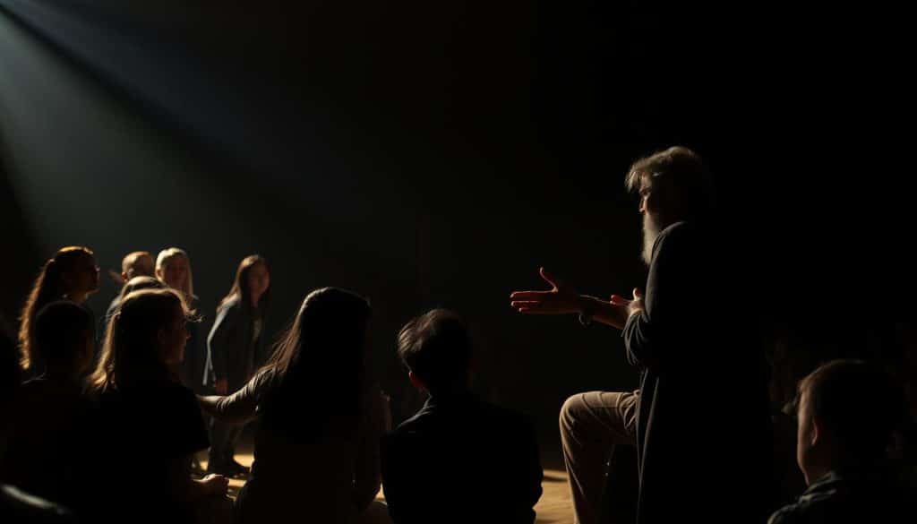 A dimly lit stage sets the scene, where a group of students gathers around a storyteller. Soft, warm lighting casts shadows, evoking a sense of ancient myths come to life. In the foreground, the storyteller animatedly gestures, bringing the narrative to life through expressive movements. Shadowy figures of actors emerge from the background, suggesting the unfolding of a mythical tale. The overall atmosphere is one of enchantment, inviting the viewer to step into a realm where the boundaries between reality and fantasy blur.