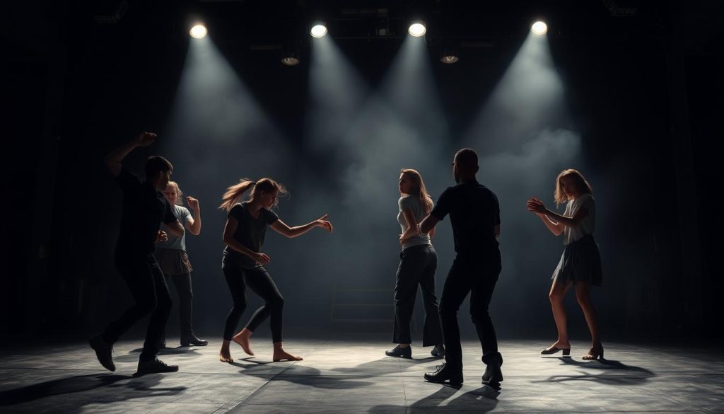 A dimly lit stage, the air charged with creative tension. In the foreground, actors engage in a mesmerizing dance of improvisation, their bodies flowing with raw emotion and daring experimentation. Beams of dramatic lighting cast shadows that accentuate their every nuanced movement, as they push the boundaries of conventional acting techniques. In the middle ground, a sparse, industrial set design provides a gritty backdrop, hinting at the high-stakes nature of their artistic endeavor. The background fades into an ethereal, atmospheric haze, creating a sense of depth and mystery that envelops the scene. This is the art of improvisation in serious drama, where the line between safety and risk is blurred, and the pursuit of artistic truth takes center stage. A dimly lit stage, the air charged with creative tension. In the foreground, actors engage in a mesmerizing dance of improvisation, their bodies flowing with raw emotion and daring experimentation. Beams of dramatic lighting cast shadows that accentuate their every nuanced movement, as they push the boundaries of conventional acting techniques. In the middle ground, a sparse, industrial set design provides a gritty backdrop, hinting at the high-stakes nature of their artistic endeavor. The background fades into an ethereal, atmospheric haze, creating a sense of depth and mystery that envelops the scene. This is the art of improvisation in serious drama, where the line between safety and risk is blurred, and the pursuit of artistic truth takes center stage.