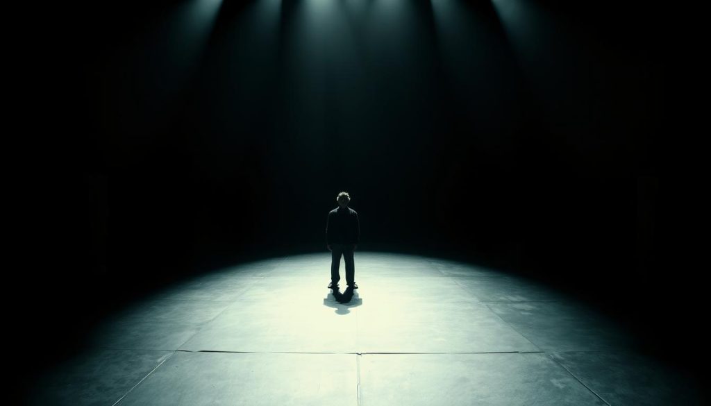 A dimly lit stage, the air heavy with anticipation. In the center, two figures stand motionless, their expressions etched with a sense of existential unease. The lighting casts long shadows, evoking a palpable atmosphere of uncertainty and waiting. In the background, a sparse, minimalist set design suggests the boundless expanse of the human condition. The scene captures the essence of Beckett's masterpiece, "Waiting for Godot," a haunting exploration of the human experience, where the answers we seek remain forever elusive. A dimly lit stage, the air heavy with anticipation. In the center, two figures stand motionless, their expressions etched with a sense of existential unease. The lighting casts long shadows, evoking a palpable atmosphere of uncertainty and waiting. In the background, a sparse, minimalist set design suggests the boundless expanse of the human condition. The scene captures the essence of Beckett's masterpiece, "Waiting for Godot," a haunting exploration of the human experience, where the answers we seek remain forever elusive.