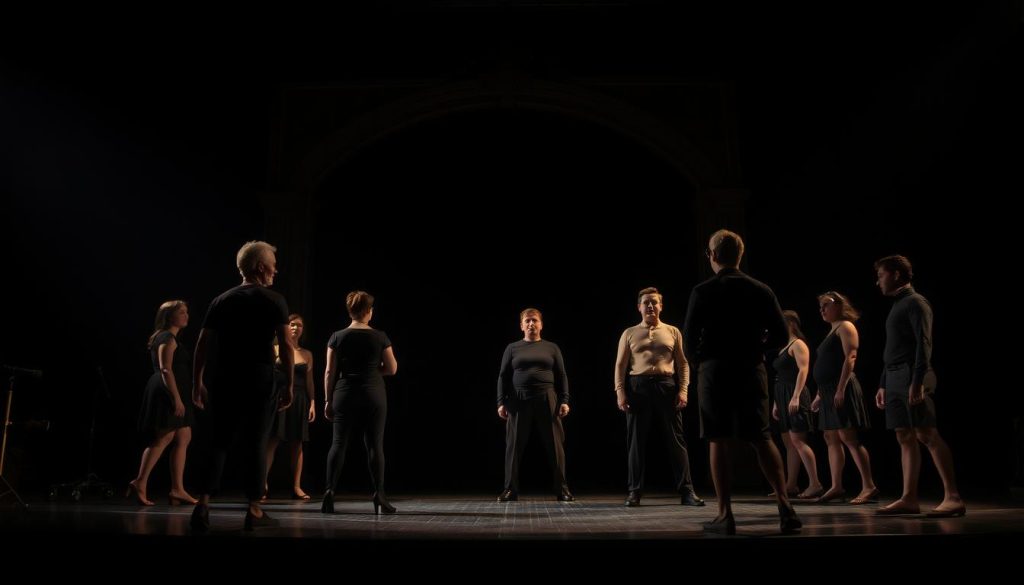 A dimly lit stage, the air thick with anticipation. Actors stand poised, their bodies in perfect harmony, their faces etched with emotion. Dramatic lighting casts angular shadows, accentuating the intensity of their expressions. In the background, a ornate proscenium arch frames the scene, hinting at the grand tradition of classic theater. The performers move with grace and precision, their every gesture and step a testament to the mastery of stage craft. This is the world of Robert Parsons, where the timeless art of classic stage acting techniques is on full display. A dimly lit stage, the air thick with anticipation. Actors stand poised, their bodies in perfect harmony, their faces etched with emotion. Dramatic lighting casts angular shadows, accentuating the intensity of their expressions. In the background, a ornate proscenium arch frames the scene, hinting at the grand tradition of classic theater. The performers move with grace and precision, their every gesture and step a testament to the mastery of stage craft. This is the world of Robert Parsons, where the timeless art of classic stage acting techniques is on full display.