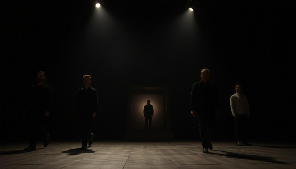 A dimly lit stage, the air thick with tension. In the foreground, actors move with measured steps, their expressions intense and their gestures subtle, conveying a psychological drama unfolding. The middle ground features a sparse set design, with ominous shadows casting an unsettling ambiance. In the background, a single spotlight illuminates a lone figure, their face obscured, hinting at the unseen forces at play. The lighting is moody and dramatic, creating a sense of suspense and foreboding. The camera angle is low, giving the viewer a sense of being drawn into the unfolding narrative. The overall mood is one of psychological tension, where the audience is left to ponder the underlying social critique at the heart of the performance. A dimly lit stage, the air thick with tension. In the foreground, actors move with measured steps, their expressions intense and their gestures subtle, conveying a psychological drama unfolding. The middle ground features a sparse set design, with ominous shadows casting an unsettling ambiance. In the background, a single spotlight illuminates a lone figure, their face obscured, hinting at the unseen forces at play. The lighting is moody and dramatic, creating a sense of suspense and foreboding. The camera angle is low, giving the viewer a sense of being drawn into the unfolding narrative. The overall mood is one of psychological tension, where the audience is left to ponder the underlying social critique at the heart of the performance.