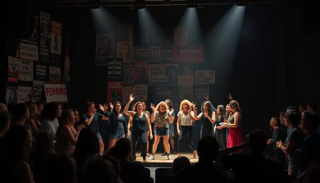 A dimly lit stage, the backdrop a collage of protest posters and feminist slogans. At center, a troupe of diverse performers engaged in a raw, emotive display - gesturing, chanting, their faces etched with determination. Dramatic low-angle lighting casts dramatic shadows, highlighting the intensity of the moment. The audience, seated in tiered seating, leans forward with rapt attention, their expressions ranging from contemplation to defiant solidarity. An avant-garde spectacle of gender politics, brought to life through the collaborative vision of a bold director and her talented ensemble.