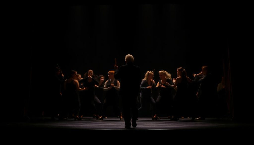 A dimly lit stage, the curtain rises to reveal a somber transition. In the foreground, a lone figure stands, baton in hand, gaze fixed with a mixture of pride and melancholy. Behind them, a team of artists, each face reflecting the weight of change, their movements choreographed in a delicate dance of passing the torch. The middle ground is a swirl of movement, shadows and highlights intertwining, capturing the energy and emotion of this momentous occasion. In the background, the fading light casts a warm, nostalgic glow, hinting at the legacy that has come before and the promise of what lies ahead. This is the essence of organizational change in arts leadership transitions, a poignant moment of farewell and renewal. A dimly lit stage, the curtain rises to reveal a somber transition. In the foreground, a lone figure stands, baton in hand, gaze fixed with a mixture of pride and melancholy. Behind them, a team of artists, each face reflecting the weight of change, their movements choreographed in a delicate dance of passing the torch. The middle ground is a swirl of movement, shadows and highlights intertwining, capturing the energy and emotion of this momentous occasion. In the background, the fading light casts a warm, nostalgic glow, hinting at the legacy that has come before and the promise of what lies ahead. This is the essence of organizational change in arts leadership transitions, a poignant moment of farewell and renewal.
