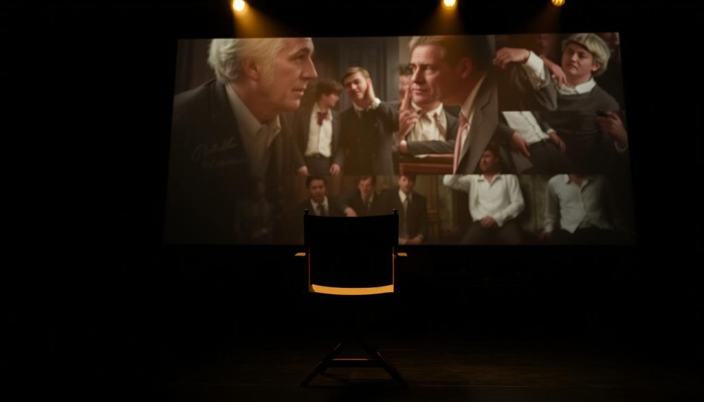 A dimly lit stage, the shadows of a theatrical production unfurling. In the foreground, a director's chair stands solemnly, a testament to the unseen hand guiding the performance. Projected onto a massive screen behind, a montage of scenes from August Strindberg's "The Storm" unfolds, capturing the emotional turmoil and atmospheric intensity of the classic drama. The lighting is dramatic, casting sharp contrasts and deep shadows, evoking the brooding intensity of the work. The camera angles shift, mimicking the dynamic directorial choices that shape the on-stage action, inviting the viewer to delve into the creative process behind this iconic play. A dimly lit stage, the shadows of a theatrical production unfurling. In the foreground, a director's chair stands solemnly, a testament to the unseen hand guiding the performance. Projected onto a massive screen behind, a montage of scenes from August Strindberg's "The Storm" unfolds, capturing the emotional turmoil and atmospheric intensity of the classic drama. The lighting is dramatic, casting sharp contrasts and deep shadows, evoking the brooding intensity of the work. The camera angles shift, mimicking the dynamic directorial choices that shape the on-stage action, inviting the viewer to delve into the creative process behind this iconic play.