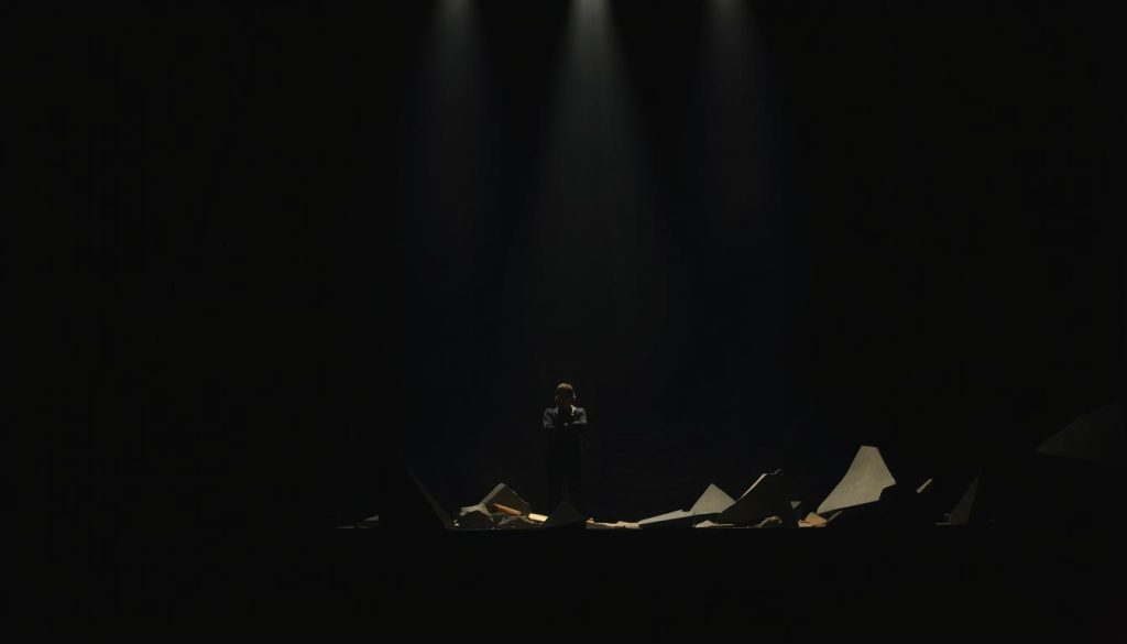 A dimly lit stage, the shadows of existential angst cast across the scene. In the foreground, a lone figure, their face obscured, embodies the weight of modern existence. Surrounding them, a surreal landscape of fragmented, angular forms - a metaphor for the fracturing of identity and the search for meaning. Harsh, dramatic lighting illuminates the scene, creating a sense of unease and introspection. The perspective is slightly off-kilter, mirroring the disorientation of the human condition. In the background, a swirling, abstract backdrop suggests the complexities and uncertainties of contemporary culture. This is existential theater, a visual representation of the philosophical exploration of the self in a world without clear answers. A dimly lit stage, the shadows of existential angst cast across the scene. In the foreground, a lone figure, their face obscured, embodies the weight of modern existence. Surrounding them, a surreal landscape of fragmented, angular forms - a metaphor for the fracturing of identity and the search for meaning. Harsh, dramatic lighting illuminates the scene, creating a sense of unease and introspection. The perspective is slightly off-kilter, mirroring the disorientation of the human condition. In the background, a swirling, abstract backdrop suggests the complexities and uncertainties of contemporary culture. This is existential theater, a visual representation of the philosophical exploration of the self in a world without clear answers.