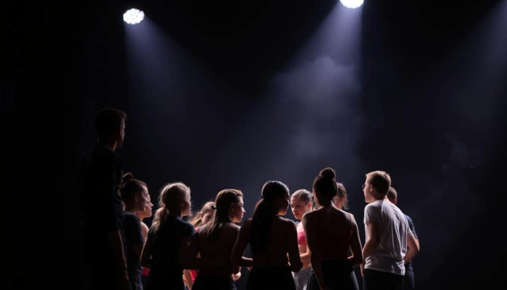 A dimly lit stage, the spotlight shining on a group of young performers huddled together, their faces alight with determination and focus. In the foreground, a charismatic leader stands tall, guiding the ensemble with a confident, yet nurturing demeanor. The middle ground reveals the performers engaged in a dynamic exercise, their bodies moving in synchronized harmony. In the background, a hazy, abstract setting evokes a sense of creativity and artistic exploration. The overall mood is one of empowerment, where the young artists are honing their craft and developing their leadership skills, poised to bring their unique vision to the world.