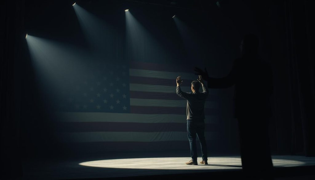 A dimly lit stage, the spotlight shining on a lone figure, hands raised in a gesture of defiance. In the shadows, a sinister figure looms, hand outstretched, wielding the metaphorical scissors of censorship. The backdrop, a distorted American flag, its stripes and stars blurred, symbolizing the erosion of democratic ideals. The scene is charged with tension, the air thick with the weight of political suppression. A single spotlight illuminates the struggle, casting sharp shadows that accentuate the drama unfolding on the stage of political theater. A dimly lit stage, the spotlight shining on a lone figure, hands raised in a gesture of defiance. In the shadows, a sinister figure looms, hand outstretched, wielding the metaphorical scissors of censorship. The backdrop, a distorted American flag, its stripes and stars blurred, symbolizing the erosion of democratic ideals. The scene is charged with tension, the air thick with the weight of political suppression. A single spotlight illuminates the struggle, casting sharp shadows that accentuate the drama unfolding on the stage of political theater.
