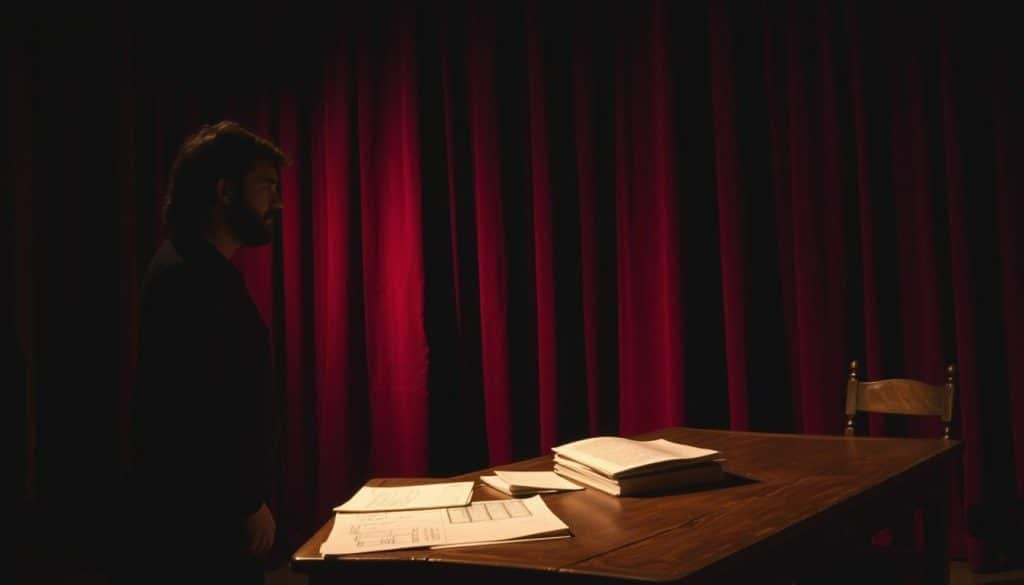 A dimly lit stage, with a backdrop of heavy velvet curtains in rich burgundy. In the foreground, an actor stands in a contemplative pose, their face half-illuminated by a warm spotlight, suggesting the internal conflict of balancing creative expression and fidelity to the original work. In the middle ground, sketches and notes are scattered on an old wooden table, hinting at the analytical process of adapting a literary work for the stage. The overall atmosphere is one of creative tension, where the boundaries between interpretation and preservation are explored.