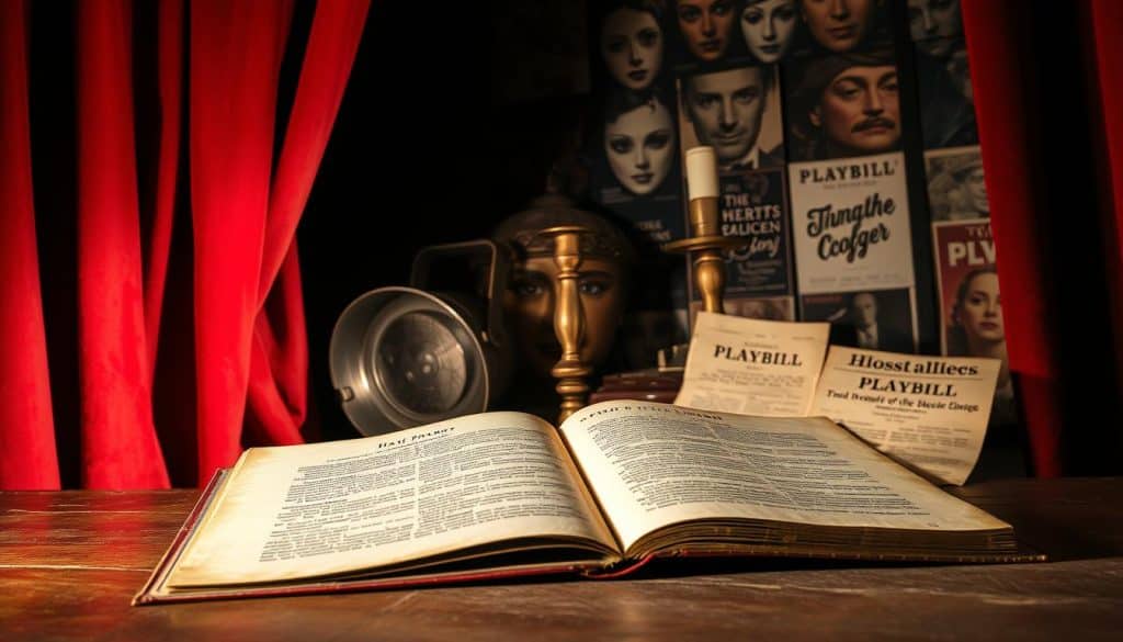 A dimly lit stage with a heavy red velvet curtain parting to reveal a hidden world of forgotten theater treasures. In the foreground, a worn copy of a script lies open, its yellowed pages hinting at the secrets held within. The middle ground is occupied by a collection of antique theater props - a weathered spotlight, a tarnished brass candlestick, and a crumpled playbill from a bygone era. In the background, a collage of theatrical masks and posters creates a sense of the rich history and diverse voices that have graced the stage over the ages. The overall atmosphere is one of mystery, intrigue, and the promise of uncovering long-lost theatrical gems.