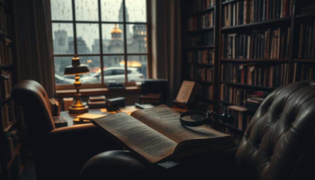 A dimly lit study, bookshelves lining the walls, filled with forgotten scripts and dog-eared theater programs. In the foreground, a weathered armchair and a worn leather-bound journal, open to revealing pages of passionate, yet critical, reviews. The middle ground features a cluttered desk, a brass desk lamp casting a warm glow, and a cracked magnifying glass examining an old playbill. In the background, a large window reveals a rainy city skyline, the distant lights of a theater marquee barely visible. The atmosphere is one of contemplation, a rediscovery of the treasures that lay hidden, waiting to be brought back to life on the stage.