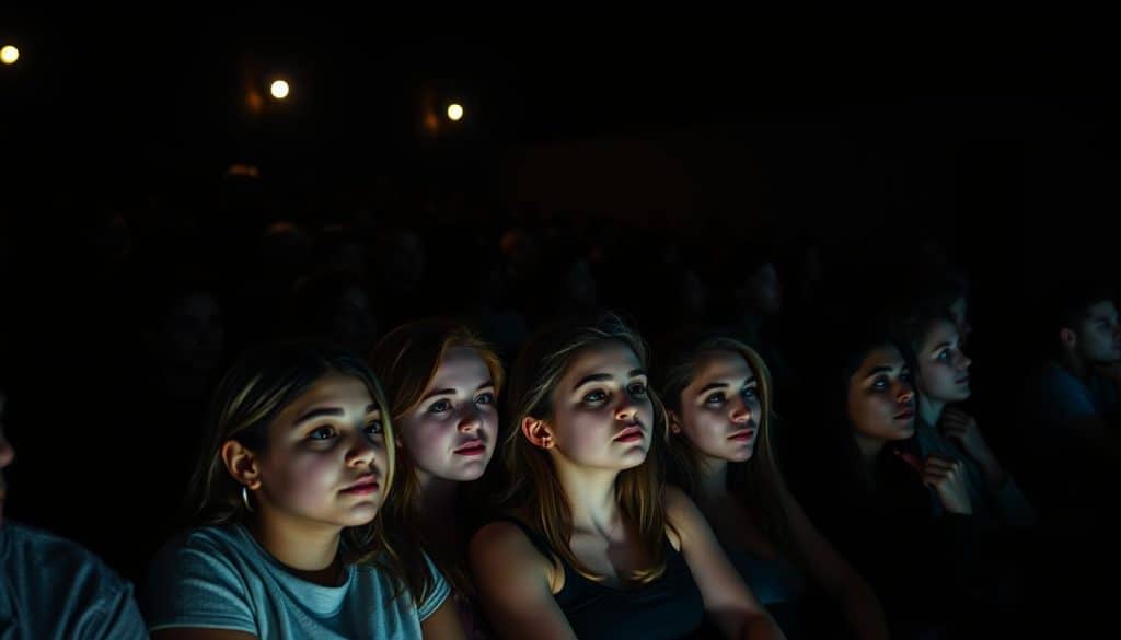 A dimly lit theater auditorium, the audience's faces illuminated by the glow of the stage. Youthful, diverse faces, their expressions a mix of rapt attention and subtle defiance. In the middle rows, a group of friends lean in, captivated by the performance unfolding before them. The lighting casts dramatic shadows, creating an atmosphere of intensity and intrigue. In the back, a lone figure sits upright, their silhouette suggesting a person of power or experience, observing the proceedings with a discerning eye. The overall scene conveys a sense of boundary-pushing, intellectual engagement - a theater-going experience that challenges and invigorates the senses.