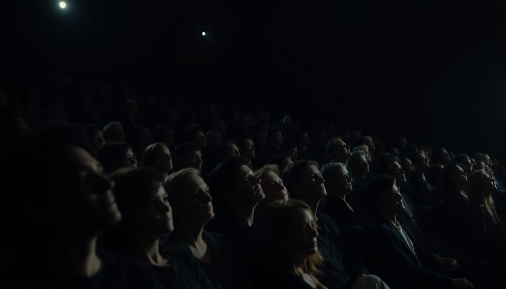 A dimly lit theater auditorium, the stage obscured in shadows. In the audience, faces etched with rapt attention, expressions ranging from contemplation to unease. Soft pools of light illuminate isolated pockets of the crowd, casting dramatic shadows that accentuate the intensity of their gaze. The atmosphere is one of collective tension, a shared experience of the absurd and the existential. The camera angle is slightly elevated, offering a panoramic view that captures the audience's immersion in the unfolding performance. Cinematic lighting and a moody, atmospheric palette evoke the profound impact of absurdist theater on the human psyche. A dimly lit theater auditorium, the stage obscured in shadows. In the audience, faces etched with rapt attention, expressions ranging from contemplation to unease. Soft pools of light illuminate isolated pockets of the crowd, casting dramatic shadows that accentuate the intensity of their gaze. The atmosphere is one of collective tension, a shared experience of the absurd and the existential. The camera angle is slightly elevated, offering a panoramic view that captures the audience's immersion in the unfolding performance. Cinematic lighting and a moody, atmospheric palette evoke the profound impact of absurdist theater on the human psyche.