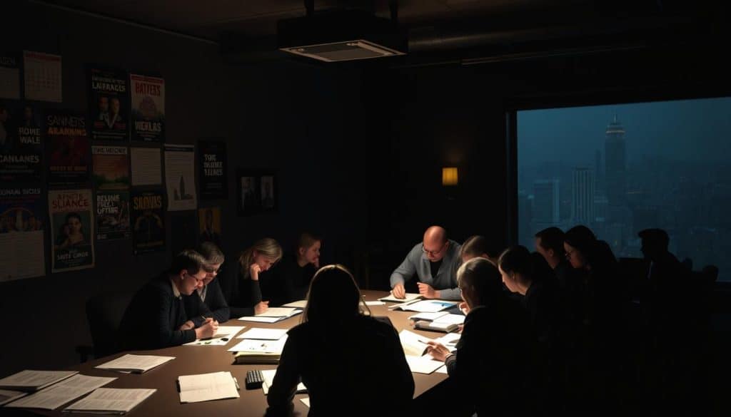 A dimly lit theater office, the walls adorned with past season posters. In the foreground, a team of theater professionals huddles around a long table, poring over scripts, calendars, and budget sheets. The soft glow of a projector casts shadows as they discuss and debate the upcoming season's lineup - balancing artistic vision, audience appeal, and financial constraints. In the background, a large window offers a glimpse of the bustling city outside, a reminder of the theater's connection to the community. The atmosphere is one of focused intensity, as the team works to craft a season that will captivate and inspire.