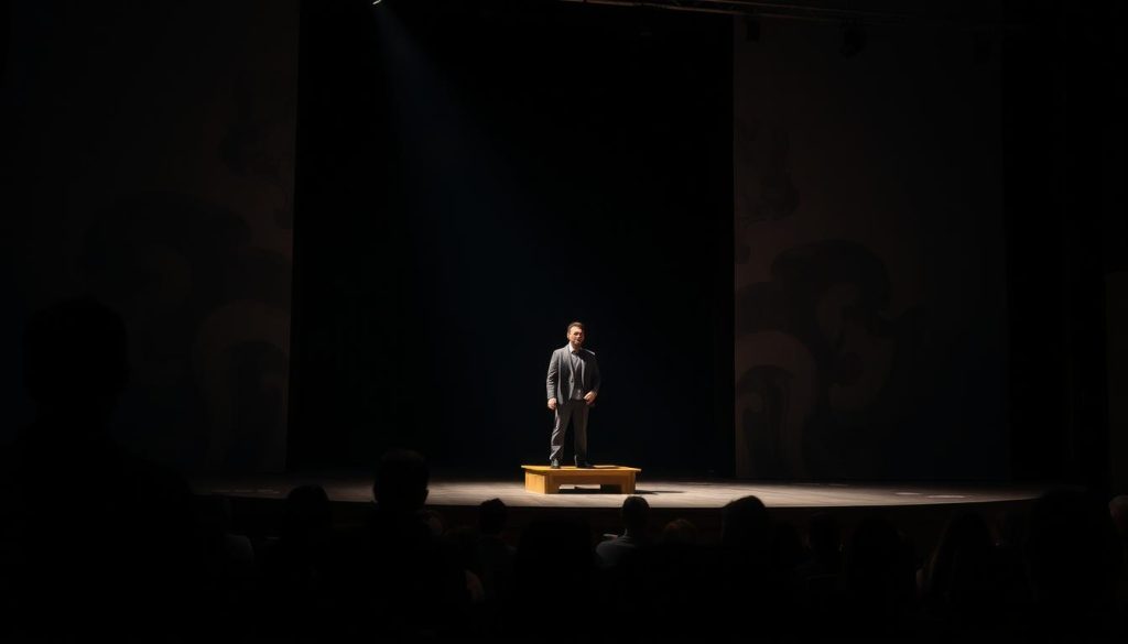 A dimly lit theater stage, the spotlight illuminating a lone actor on a simple wooden platform. The actor's face is a canvas of emotion, conveying the weight of their performance. In the audience, shadowy figures lean forward, enraptured by the performance. The air is thick with a sense of contemplation, as if the audience is being challenged to confront a profound social commentary. The stage is surrounded by a backdrop of abstract, swirling shapes and muted colors, suggesting the complex layers of meaning woven into the production. A sense of tension and unease permeates the scene, inviting the viewer to ponder the role of theater in shaping societal discourse. A dimly lit theater stage, the spotlight illuminating a lone actor on a simple wooden platform. The actor's face is a canvas of emotion, conveying the weight of their performance. In the audience, shadowy figures lean forward, enraptured by the performance. The air is thick with a sense of contemplation, as if the audience is being challenged to confront a profound social commentary. The stage is surrounded by a backdrop of abstract, swirling shapes and muted colors, suggesting the complex layers of meaning woven into the production. A sense of tension and unease permeates the scene, inviting the viewer to ponder the role of theater in shaping societal discourse.
