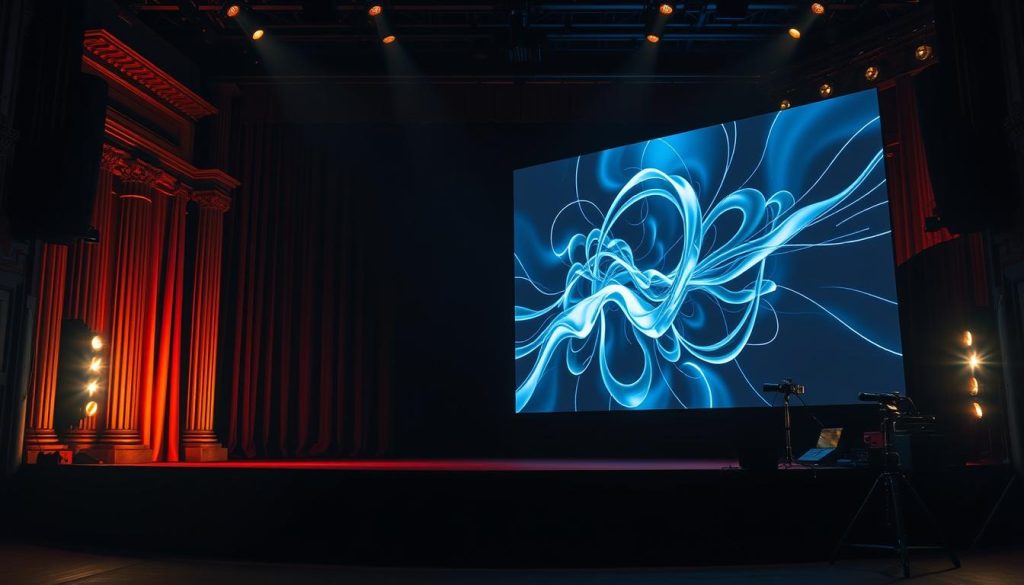 A dimly lit theater stage, with a classic drama backdrop of heavy curtains and ornate columns on the left. On the right, a modern multimedia setup - a large screen displaying abstract digital art, flanked by sleek audio equipment and lighting rigs. The contrast between the two halves is stark, symbolizing the evolution from traditional stagecraft to cutting-edge digital storytelling. Warm, dramatic lighting highlights the textures and details of the classical set, while the digital side is bathed in a cool, pulsing glow. The composition draws the viewer's eye to the center, where the two worlds collide, hinting at the enduring influence of classic dramatists on modern narratives. A dimly lit theater stage, with a classic drama backdrop of heavy curtains and ornate columns on the left. On the right, a modern multimedia setup - a large screen displaying abstract digital art, flanked by sleek audio equipment and lighting rigs. The contrast between the two halves is stark, symbolizing the evolution from traditional stagecraft to cutting-edge digital storytelling. Warm, dramatic lighting highlights the textures and details of the classical set, while the digital side is bathed in a cool, pulsing glow. The composition draws the viewer's eye to the center, where the two worlds collide, hinting at the enduring influence of classic dramatists on modern narratives.