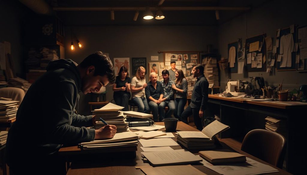 A dimly lit theater workshop, filled with the creative energy of a theatrical shorts creation process. In the foreground, a playwright hunches over a desk, pen in hand, scribbling furiously as ideas flow. Scattered around them, stacks of paper, research materials, and a well-worn notebook capture the journey of crafting a new short play. In the middle ground, a director and actors huddle, their animated gestures and intense expressions conveying the collaborative nature of bringing the words to life. Soft, warm lighting casts a cozy glow, while the background showcases the tools of the trade - sewing machines, costume sketches, and a moodboard brimming with inspiration. The atmosphere is one of focus, passion, and the thrill of the creative process unfolding. A dimly lit theater workshop, filled with the creative energy of a theatrical shorts creation process. In the foreground, a playwright hunches over a desk, pen in hand, scribbling furiously as ideas flow. Scattered around them, stacks of paper, research materials, and a well-worn notebook capture the journey of crafting a new short play. In the middle ground, a director and actors huddle, their animated gestures and intense expressions conveying the collaborative nature of bringing the words to life. Soft, warm lighting casts a cozy glow, while the background showcases the tools of the trade - sewing machines, costume sketches, and a moodboard brimming with inspiration. The atmosphere is one of focus, passion, and the thrill of the creative process unfolding.