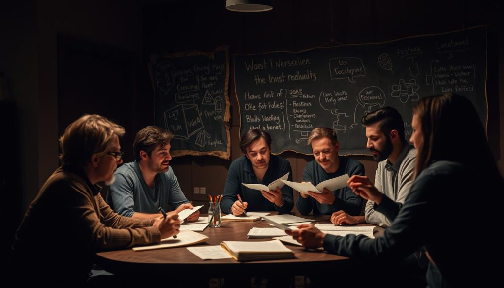 A dimly lit theater workshop, with a group of actors and a writer gathered around a table, engaged in a lively discussion. Soft, warm lighting illuminates their faces as they pore over pages, exchanging ideas and scribbling notes. The atmosphere is one of creative energy and collaboration, as they work to refine the early draft of a new play. In the background, a tattered chalkboard displays hastily written ideas and character sketches, a testament to the iterative process of play development. The camera angles capture the intimacy of the moment, inviting the viewer to feel like a fly on the wall, witnessing the birth of a theatrical work. A dimly lit theater workshop, with a group of actors and a writer gathered around a table, engaged in a lively discussion. Soft, warm lighting illuminates their faces as they pore over pages, exchanging ideas and scribbling notes. The atmosphere is one of creative energy and collaboration, as they work to refine the early draft of a new play. In the background, a tattered chalkboard displays hastily written ideas and character sketches, a testament to the iterative process of play development. The camera angles capture the intimacy of the moment, inviting the viewer to feel like a fly on the wall, witnessing the birth of a theatrical work.