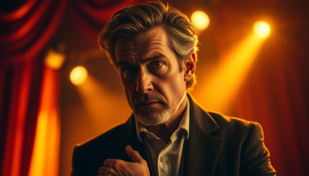 A distinguished stage actor in a dramatic pose, illuminated by warm, golden lighting from the side. Focused gaze and intense expression conveying deep emotion and raw, powerful performance. Textured background blends layers of theater curtains, spotlights, and the faint outline of a screen, hinting at the actor's transition from the stage to the screen. Cinematic, high-contrast treatment with a stylized, filmic quality. Meticulous attention to details of costume, hair, and facial features to capture the essence of a skilled character actor. A distinguished stage actor in a dramatic pose, illuminated by warm, golden lighting from the side. Focused gaze and intense expression conveying deep emotion and raw, powerful performance. Textured background blends layers of theater curtains, spotlights, and the faint outline of a screen, hinting at the actor's transition from the stage to the screen. Cinematic, high-contrast treatment with a stylized, filmic quality. Meticulous attention to details of costume, hair, and facial features to capture the essence of a skilled character actor.