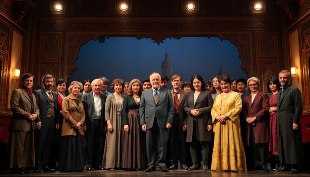 A diverse cast of actors, representing different cultures and ethnicities, stands on a stage against a backdrop of ornate, traditional architectural elements. The lighting is warm and inviting, casting a soft glow on the performers as they embody the complex characters of Chekhov's timeless drama, "Uncle Vanya". The scene conveys a sense of global collaboration, where the universal themes of the play are interpreted through the unique lenses of various cultural traditions. The overall atmosphere is one of artistic exploration and cross-cultural exchange, capturing the essence of "Bringing Chekhov to New Audiences".