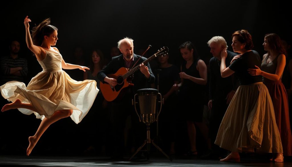 A diverse ensemble of experimental theater performers, bathed in dramatic lighting, captivating the audience with their raw, emotive expressions. In the foreground, a dancer gracefully leaps, their flowing costume adding a sense of movement and fluidity. The middle ground features a musician, fingers dancing across an unconventional instrument, creating a mesmerizing soundscape. In the background, a pair of actors engage in an intense, physical dialogue, their bodies intertwined in a powerful tableau. The scene is imbued with a sense of energy, experimentation, and the celebration of diverse artistic voices. A diverse ensemble of experimental theater performers, bathed in dramatic lighting, captivating the audience with their raw, emotive expressions. In the foreground, a dancer gracefully leaps, their flowing costume adding a sense of movement and fluidity. The middle ground features a musician, fingers dancing across an unconventional instrument, creating a mesmerizing soundscape. In the background, a pair of actors engage in an intense, physical dialogue, their bodies intertwined in a powerful tableau. The scene is imbued with a sense of energy, experimentation, and the celebration of diverse artistic voices.