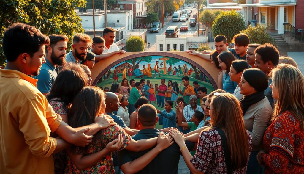 A diverse group of individuals standing together, shoulders touching, forming a tight-knit circle. In the center, a vibrant mural depicting scenes of community resilience - people helping one another, sharing resources, and overcoming challenges. The scene is bathed in warm, golden light, creating a sense of hope and solidarity. The foreground features expressive faces, hands clasped, eyes meeting with determination. In the middle ground, a backdrop of colorful buildings, lush greenery, and a bustling street scene. The overall atmosphere radiates a palpable energy of collective strength and mutual support. A diverse group of individuals standing together, shoulders touching, forming a tight-knit circle. In the center, a vibrant mural depicting scenes of community resilience - people helping one another, sharing resources, and overcoming challenges. The scene is bathed in warm, golden light, creating a sense of hope and solidarity. The foreground features expressive faces, hands clasped, eyes meeting with determination. In the middle ground, a backdrop of colorful buildings, lush greenery, and a bustling street scene. The overall atmosphere radiates a palpable energy of collective strength and mutual support.